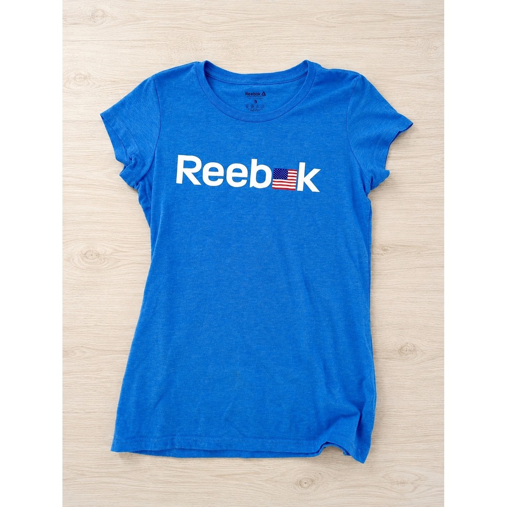 Reebok Graphic T-Shirt Womens Small Blue American Flag Logo Short Sleeve